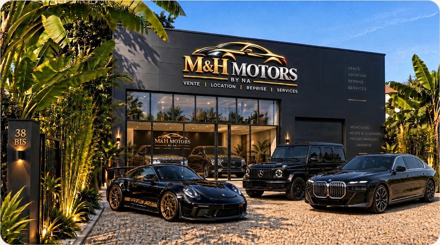 Façade du showroom M&H Motors by NA, une Porsche 911, un Mercedes Classe G et une BMW Série 7 stationnés devant.