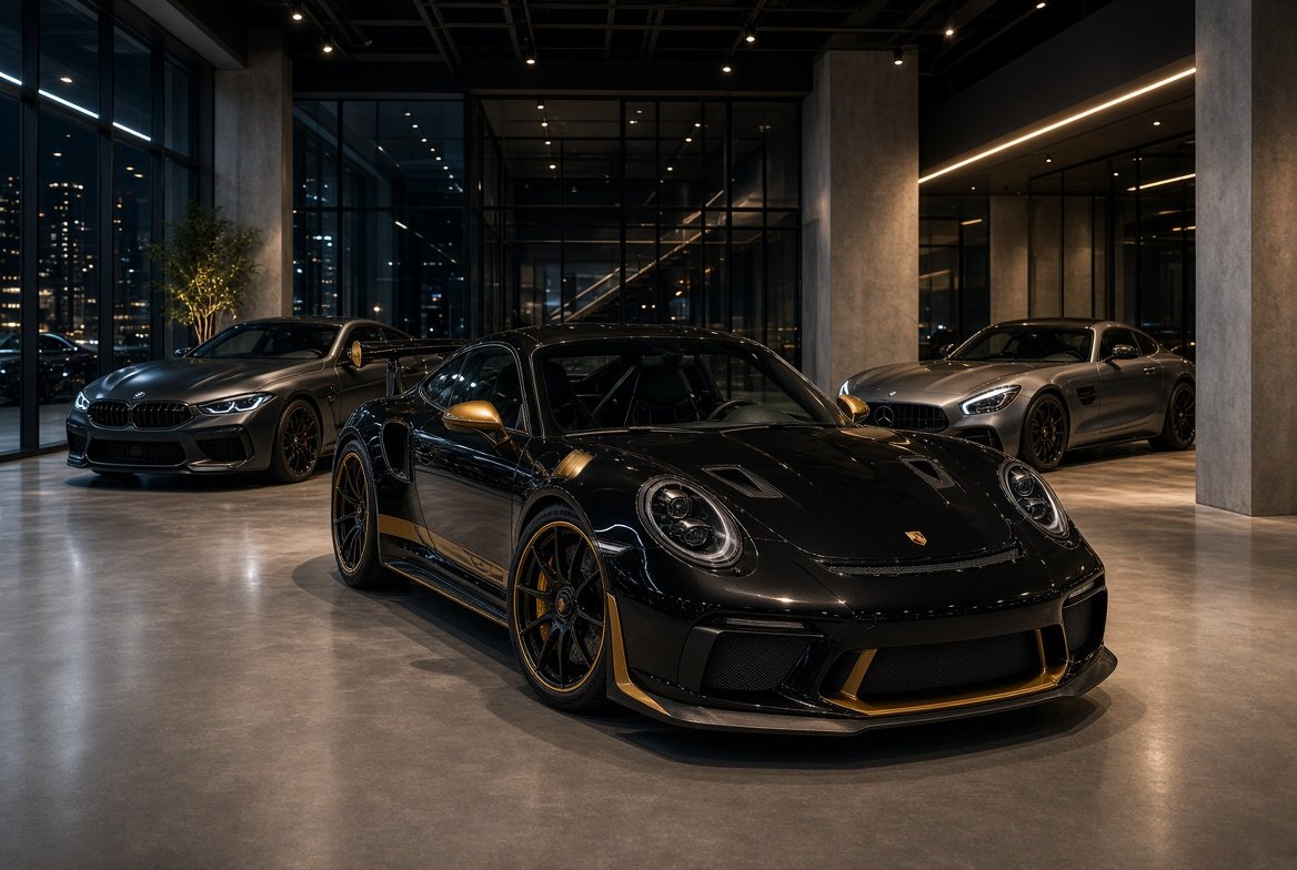Sportive noire aux finitions dorées exposée dans un showroom contemporain, deux coupés premium à l’arrière-plan.